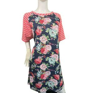 Women's Tee Shirt Dress short sleeve, Floral and Stripes, 3XL